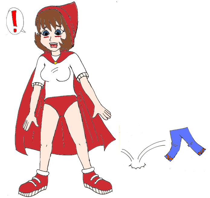 ! blue_pants blush brown_hair cape drawing embarrassed hood hoodwinked little_red_riding_hood living_clothes no_pants non-web_source panties pants red_cape red_footwear red_panties red_puckett shirt underwear white_shirt