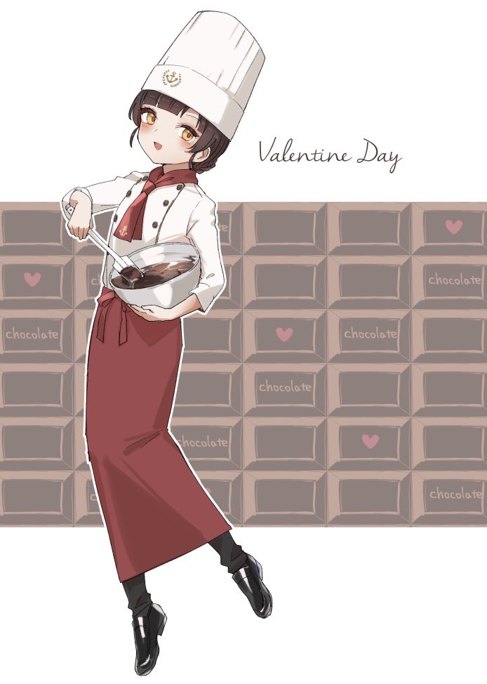 1girl alternate_costume ascot black_footwear black_hair blunt_bangs boots bowl braid brown_eyes chef_hat chococlate double_bun full_body hair_bun hat kantai_collection long_hair one-hour_drawing_challenge red_ascot red_skirt shirt skirt solo toque_blanche twin_braids white_shirt yamashichi_(mtseven) yawata_maru_(kancolle)