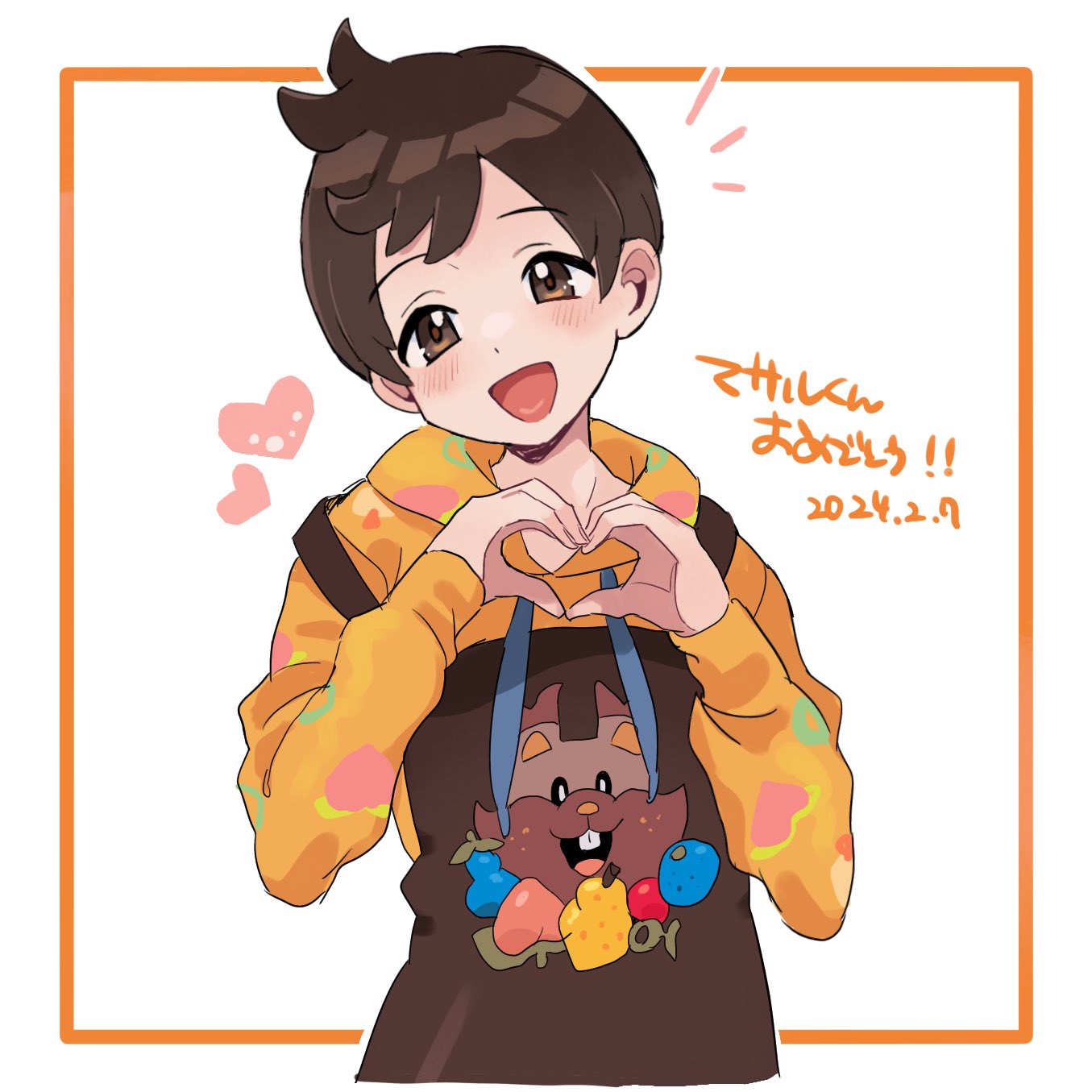 1boy :d apron blush brown_apron brown_eyes brown_hair character_print commentary_request dated greedent hands_up head_tilt heart heart_hands highres hood hoodie long_sleeves male_focus official_alternate_costume open_mouth orange_hoodie pokemon pokemon_masters_ex sana_(37pisana) short_hair smile solo translation_request upper_body victor_(palentine's_2024)_(pokemon) victor_(pokemon) white_background