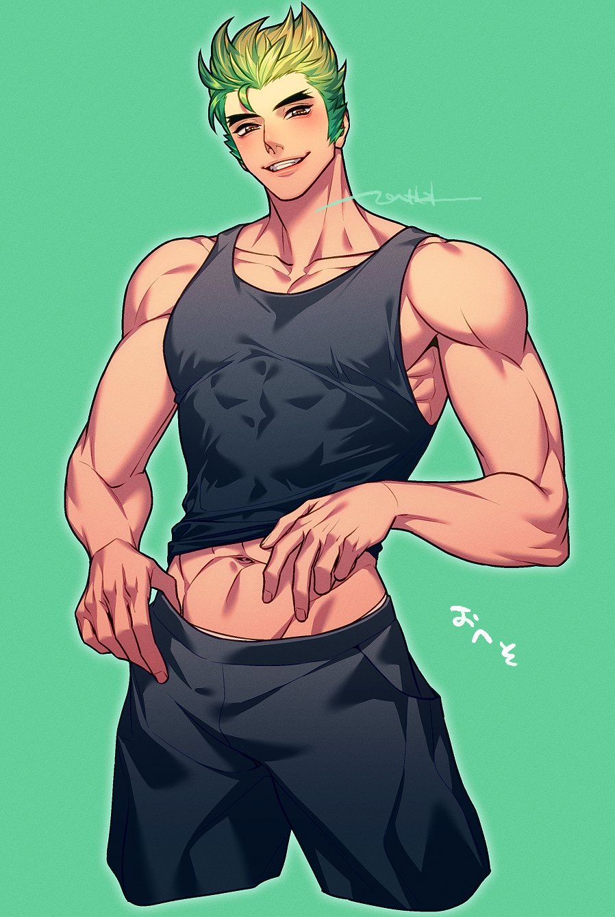 1boy bara black_pants black_tank_top blush genji_(overwatch) green_background green_hair highres large_pectorals looking_at_viewer male_focus muscular muscular_male navel nkraae overwatch overwatch_2 pants pectorals short_hair simple_background smile solo tank_top teeth translation_request