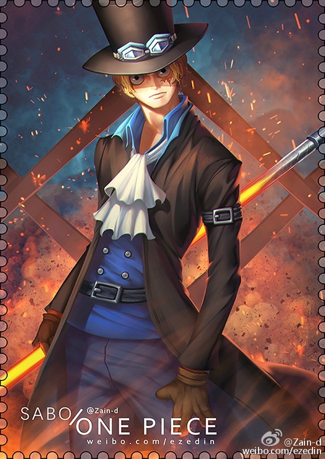 1boy artist_name ascot black_eyes black_headwear blonde_hair blue_shirt brown_gloves character_name closed_mouth commentary gloves goggles goggles_on_headwear hat holding holding_weapon long_sleeves looking_at_viewer male_focus one_piece sabo_(one_piece) scar scar_across_eye scar_on_face shirt short_hair solo standing top_hat weapon web_address weibo_logo weibo_username white_ascot zhang_ding