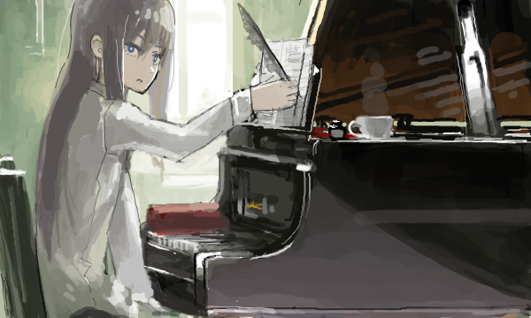 1girl black_hair blue_eyes bright_pupils chair character_request coffee_cup copyright_request cup disposable_cup holding holding_quill indoors instrument long_hair long_sleeves looking_at_viewer parted_lips piano quill rounin_(amuza) sheet_music shirt sidelocks sideways_glance sitting solo steam sunlight white_pupils white_shirt window