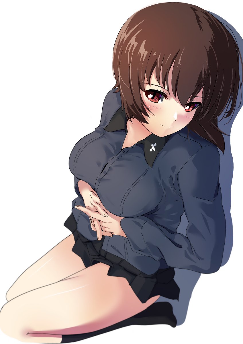 1girl black_skirt black_socks blush breasts brown_eyes brown_hair buchikaki closed_mouth girls_und_panzer highres kuromorimine_school_uniform large_breasts looking_at_viewer miniskirt nishizumi_maho school_uniform short_hair simple_background skirt smile socks solo white_background