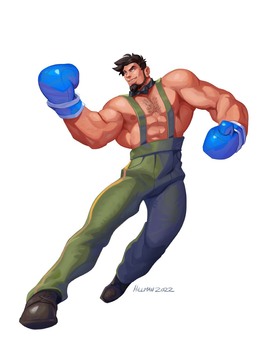 1boy bara beard black_hair boxing_gloves commission cosplay_request danny_(felixnosi) enydimon facial_hair full_beard full_body large_pectorals looking_to_the_side male_focus mature_male muscular muscular_male nipples original pants pectorals short_hair solo sparse_chest_hair suspenders thick_eyebrows topless_male wrestler