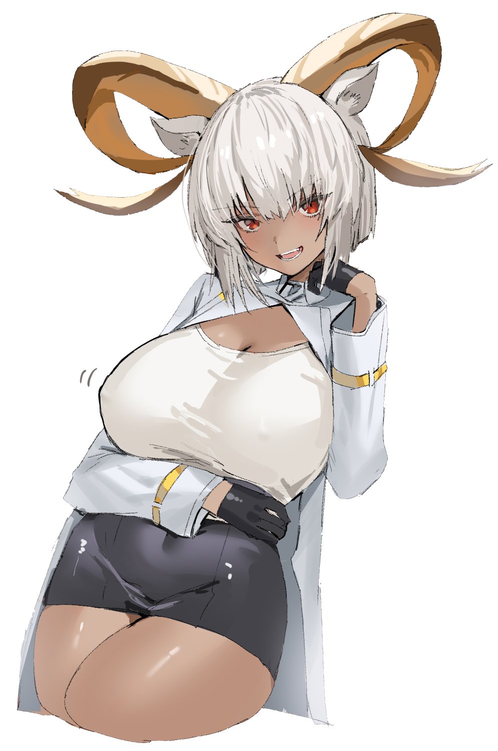 1girl animal_ears arknights arm_under_breasts black_gloves black_skirt breasts carnelian_(arknights) cleavage cleavage_cutout clothing_cutout coat commentary_request curled_horns dark-skinned_female dark_skin gloves goat_ears goat_girl goat_horns gold_horns highres horn/wood horns huge_horns large_breasts looking_at_viewer microskirt open_mouth red_eyes shirt short_hair simple_background skirt smile solo white_background white_coat white_hair white_shirt