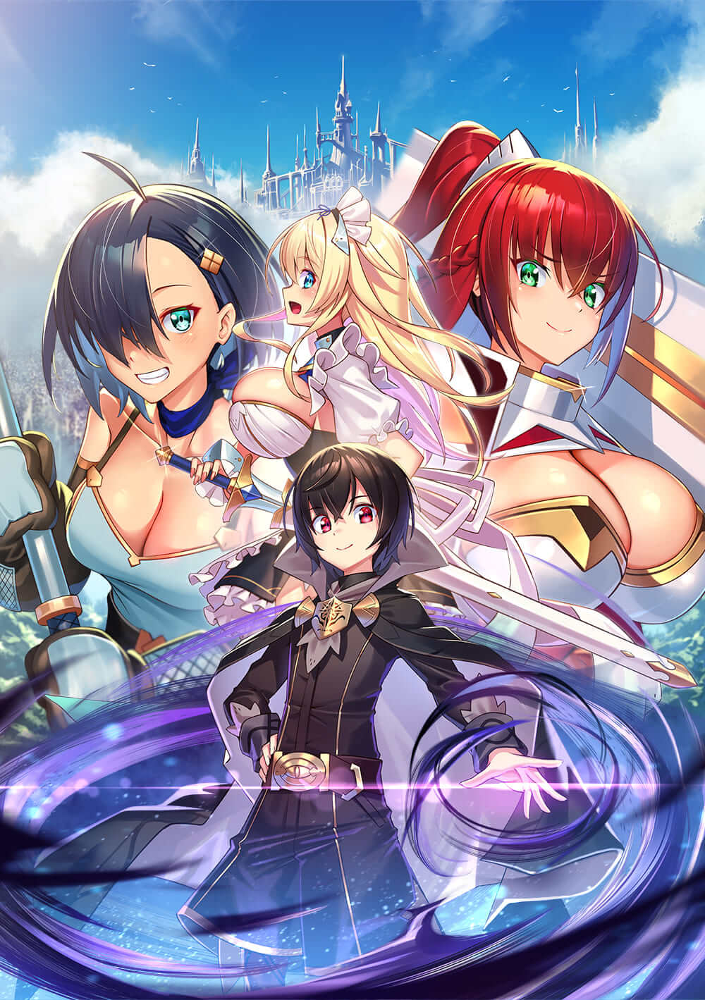 1boy 3girls ahoge alek_(kiraware_ouji) armor belt black_coat black_hair blonde_hair blue_camisole blue_eyes braid breasts brown_belt camisole castle character_request cleavage cleavage_cutout clothing_cutout cloud coat elicia_(kiraware_ouji) green_eyes hair_ornament hair_over_one_eye highres holding holding_sword holding_weapon kiraware_ouji_no_yarinaoshi large_breasts long_hair magic maid maid_headdress multiple_girls official_art open_mouth over_shoulder pink_eyes ponytail red_hair sky smile sword takamine_nadare tan weapon weapon_over_shoulder