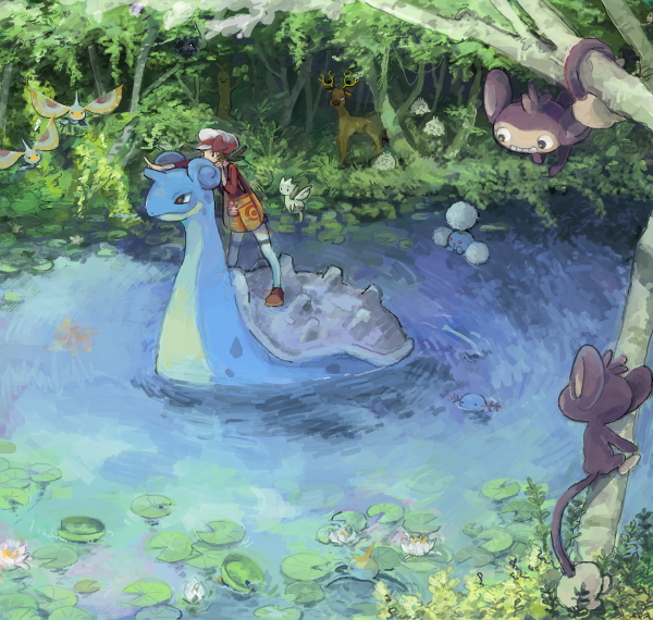 1girl aipom bad_drawr_id bad_id brown_footwear character_request closed_mouth day forest grass hat in_tree jumpluff kneehighs lapras lily_pad long_sleeves lotad lyra_(pokemon) masquerain nature oekaki orolo outdoors pineco pinecone pointing pointing_forward pokemon pokemon_(creature) pokemon_hgss red_headwear red_shirt red_skirt river shirt shoes shroomish skirt socks standing stantler sudowoodo surskit togetic tree two-tone_headwear two-tone_skirt white_headwear white_socks wooper yellow_skirt