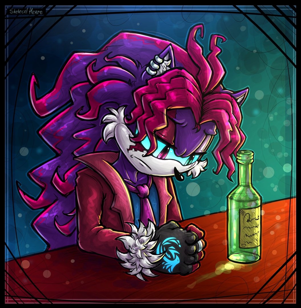 1girl animal_ear_piercing blue_shirt bottle clenched_hand furry furry_female green_eyes heterochromia jacket long_hair looking_down multicolored_hair necktie pink_eyes pink_hair purple_hair purple_necktie red_jacket shirt skeletalheart solo sonic_(series) two-tone_hair