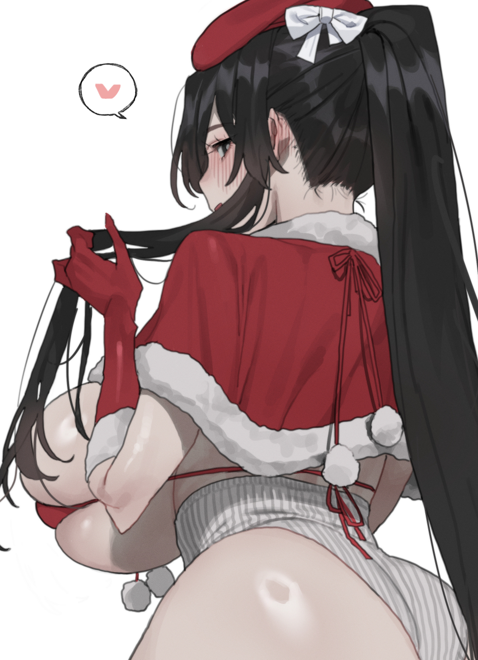 1girl ass bikini black_eyes black_hair blush breasts capelet elbow_gloves fur-trimmed_capelet fur-trimmed_gloves fur_trim gloves hat highres huge_breasts long_hair looking_back mimyo open_mouth original ponytail red_bikini red_capelet red_gloves red_headwear skindentation solo swimsuit