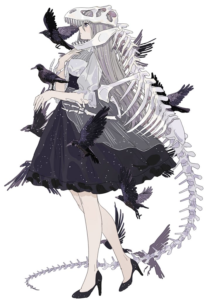 1girl animal_skull back_bow bird bird_on_hand bity3155660241 black_footwear black_skirt bow closed_mouth commentary_request crow dinosaur_skeleton fossil frilled_sleeves frills from_side full_body grey_eyes grey_hair hand_on_own_chest high-waist_skirt high_heels knees light_frown long_hair miniskirt original puffy_short_sleeves puffy_sleeves see-through shirt short_sleeves simple_background skirt solo starry_sky_print too_many too_many_birds white_background white_bow white_shirt white_sleeves