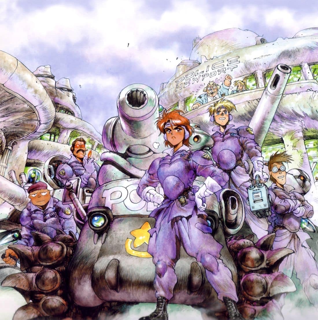 1990s_(style) 2girls 5boys al'cu_ad_solte artist_self-insert belt body_armor bonaparte_(tank) boots bulletproof_vest cannon character_request cigar cityscape cloud concept_art cyberpunk damaged dirty dominion_(manga) emblem english_text facial_hair glasses gloves goggles hat headgear leona_ozaki light lighter machinery manly military_vehicle motor_vehicle multiple_boys multiple_girls mustache new_dominion_tank_police official_art official_style police police_badge police_uniform policeman policewoman production_art promotional_art retro_artstyle scan science_fiction shirow_masamume_(person) shirow_masamune sunglasses swat tactical_clothes tank traditional_media turret uniform