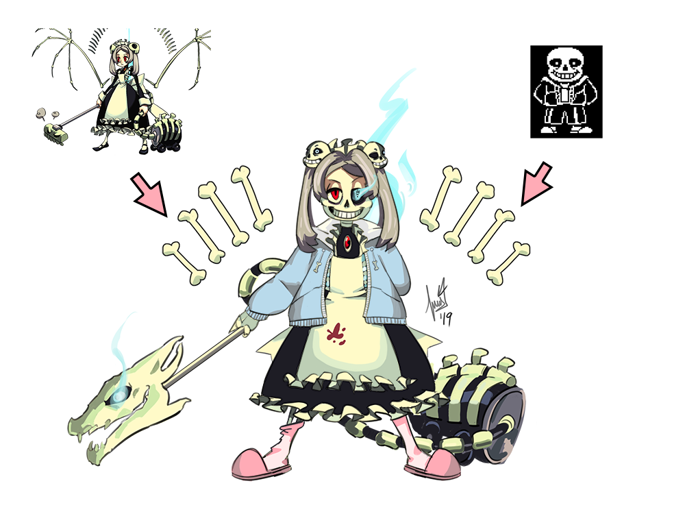apron avielsusej black_dress blood blood_on_clothes bloody_marie_(skullgirls) blue_eyes blue_jacket bone brown_hair dress english_commentary flaming_eye fusion grin hair_ornament heterochromia holding holding_weapon jacket long_hair looking_at_viewer pink_footwear pink_socks red_eyes sans skull skull_hair_ornament skullgirls slippers smile socks trait_connection twintails undertale weapon