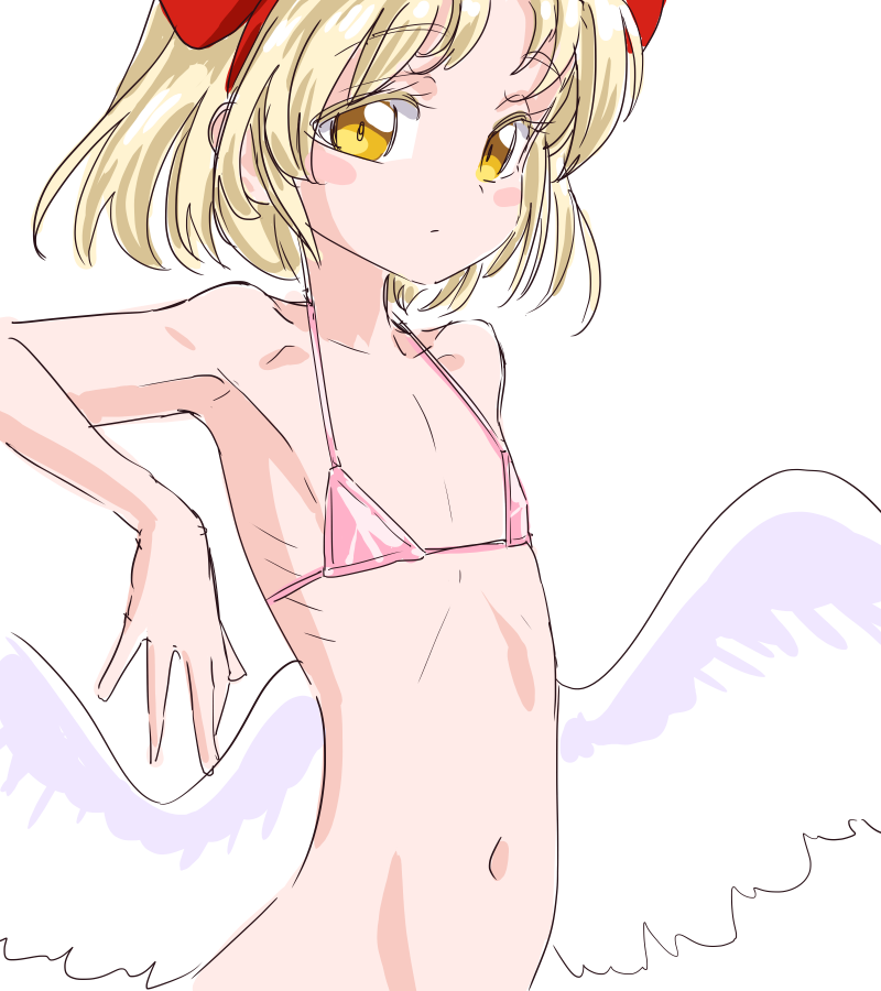 1girl armpits bikini blonde_hair blush_stickers closed_mouth collarbone commentary_request expressionless feathered_wings flat_chest gengetsu_(touhou) hairband navel pink_bikini red_hairband ribs s-a-murai short_hair skinny solo swimsuit touhou touhou_(pc-98) upper_body white_background white_wings wings yellow_eyes