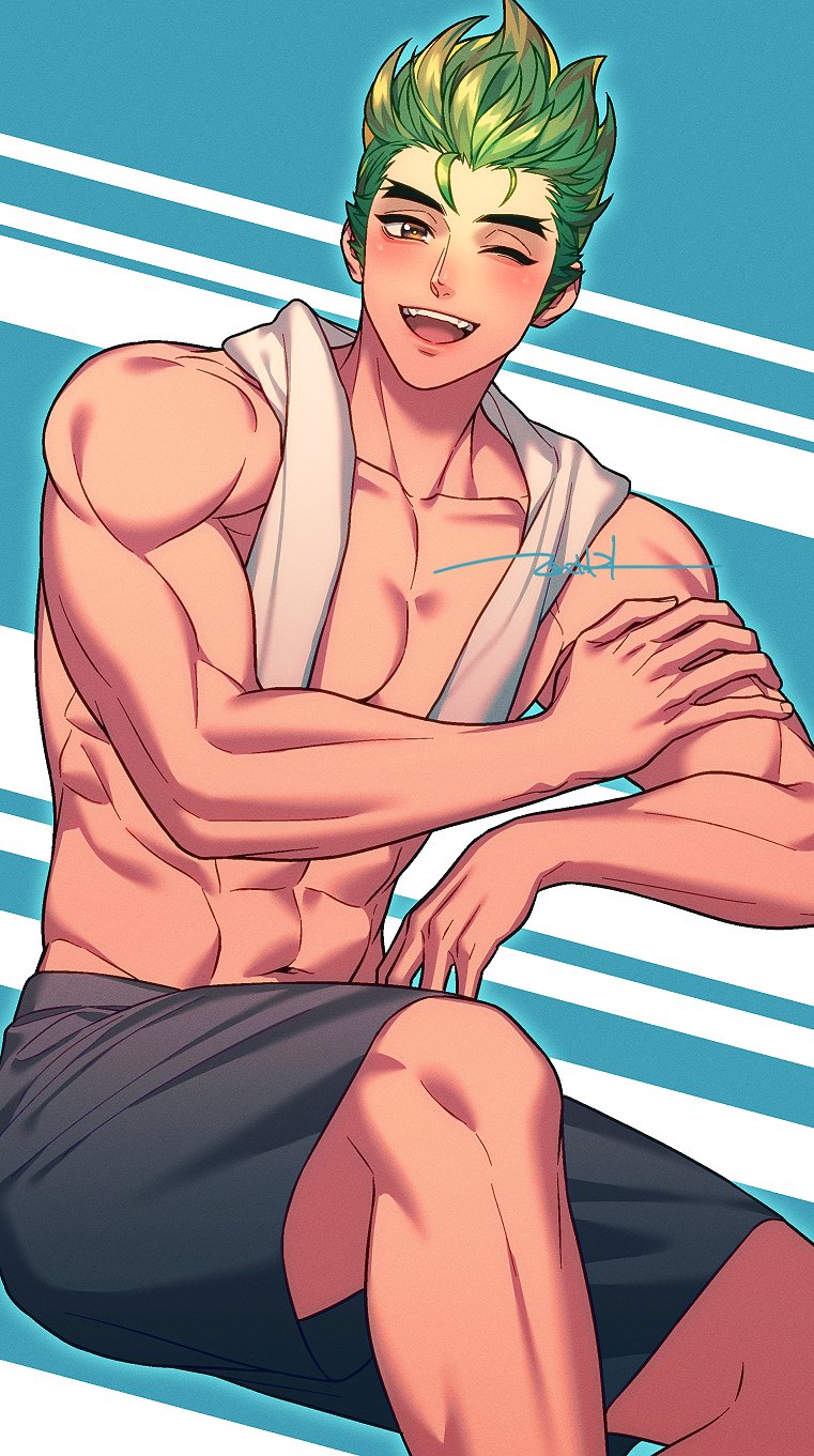 1boy bara black_shorts blush genji_(overwatch) green_hair highres large_pectorals looking_at_viewer male_focus muscular muscular_male nkraae one_eye_closed open_mouth overwatch overwatch_2 pectorals short_hair shorts simple_background smile solo topless_male towel towel_around_neck