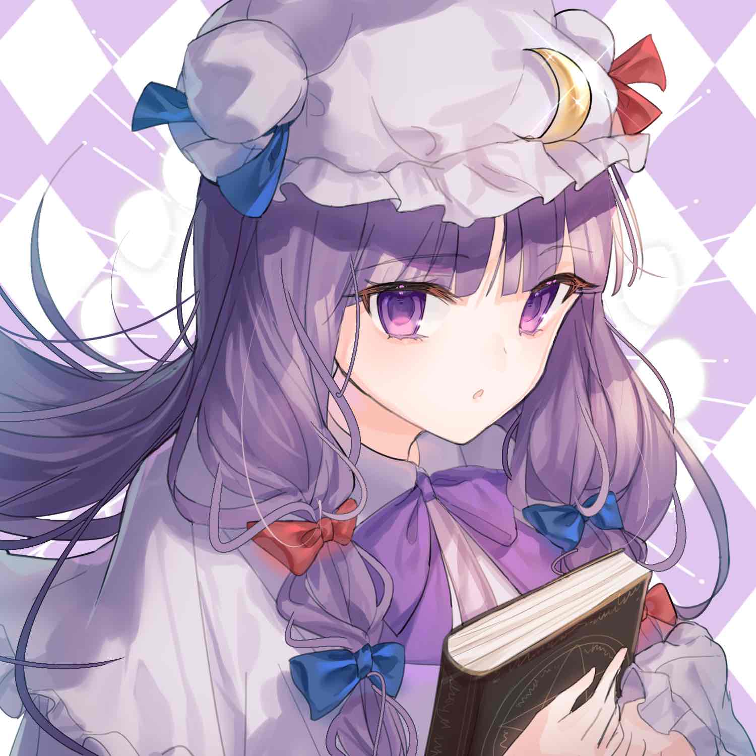 1girl anllouser argyle argyle_background blue_bow book bow bowtie crescent crescent_hat_ornament hair_bow hat hat_ornament highres holding holding_book long_hair looking_at_viewer mob_cap multiple_hair_bows open_mouth patchouli_knowledge purple_bow purple_bowtie purple_eyes purple_hair red_bow touhou