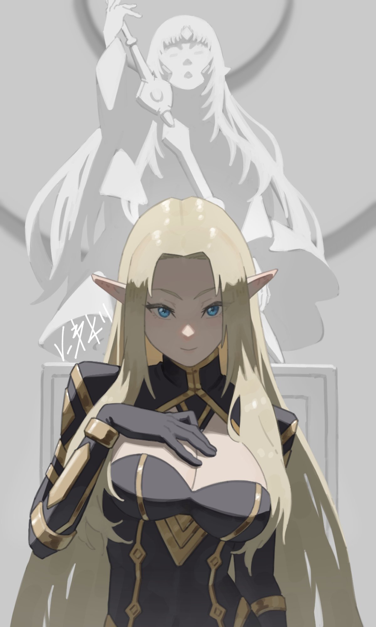 1girl alpha_(kage_no_jitsuryokusha_ni_naritakute!) black_bodysuit blonde_hair blue_eyes bodysuit breasts cleavage cleavage_cutout closed_mouth clothing_cutout elf hand_on_own_chest highres kage_no_jitsuryokusha_ni_naritakute! large_breasts long_hair looking_at_viewer making-of_available niwatori5948 pointy_ears smile solo statue straight-on upper_body very_long_hair