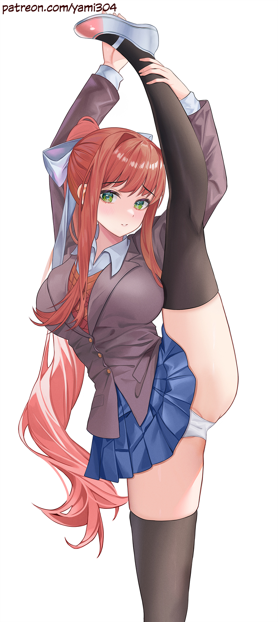 1girl arms_up blue_skirt blush breasts brown_hair doki_doki_literature_club flexible green_eyes grin highres large_breasts leg_lift leg_up long_hair looking_at_viewer monika_(doki_doki_literature_club) pleated_skirt ponytail school_uniform simple_background skirt smile solo split standing standing_on_one_leg standing_split thighhighs white_background yami_(rear4742)