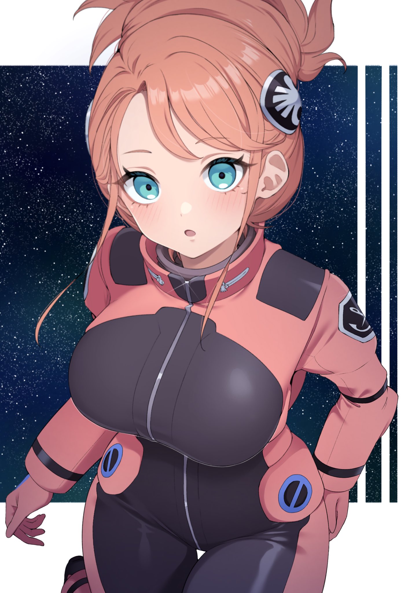 1girl :o aida_rayhunton black_bodysuit blue_eyes blush bodysuit breasts campbell_xx commentary_request floating_hair glint gloves gundam gundam_g_no_reconguista hair_ornament highres large_breasts looking_at_viewer parted_lips pilot_suit pink_bodysuit pink_gloves pink_hair skin_tight solo space spacesuit star_(sky) thigh_gap two-tone_bodysuit zero_gravity