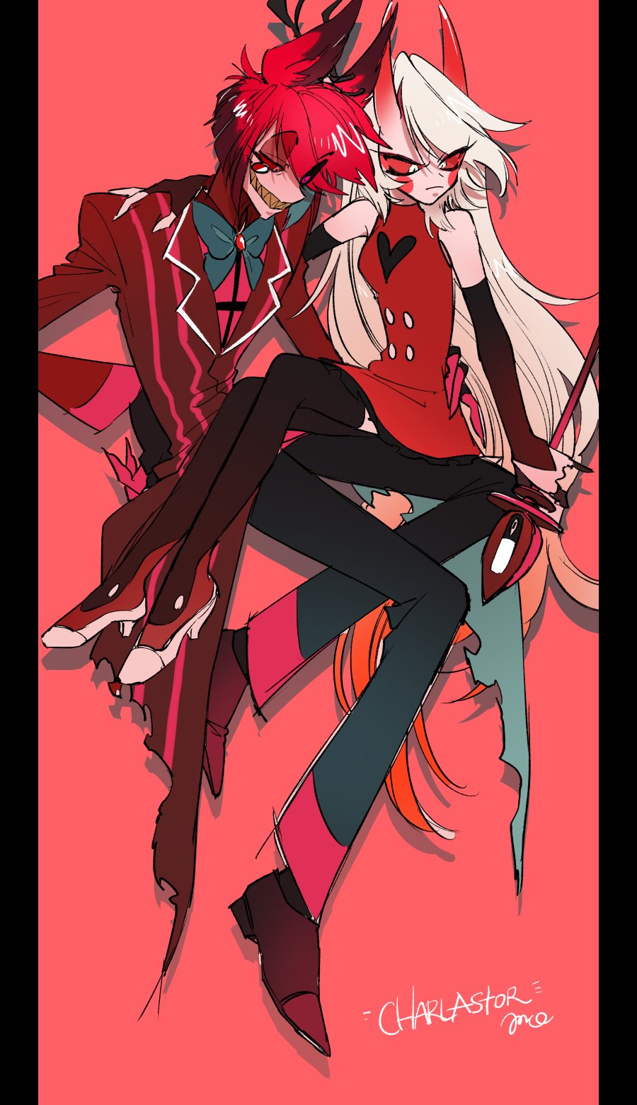 1boy 1girl alastor_(hazbin_hotel) arm_around_waist black_thighhighs blonde_hair cane charlie_morningstar colored_sclera commentary_request demon_girl demon_horns english_text formal frown glaring grin hand_on_another's_shoulder hazbin_hotel highres holding holding_cane horns k38-km long_hair official_alternate_costume red_background red_eyes red_hair red_sclera sharp_teeth short_hair sitting sitting_on_lap sitting_on_person smile suit teeth thighhighs