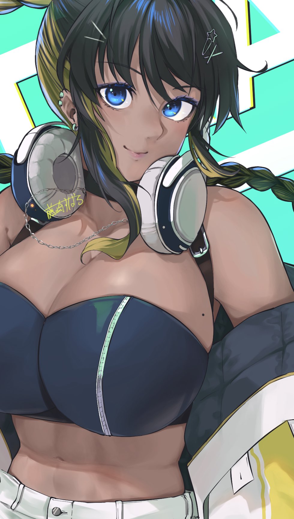 1girl belt blue_eyes breasts crop_top dark-skinned_female dark_skin denim earrings fujisaki_subaru goddess_of_victory:_nikke headphones highres jacket jewelry makeup mole mole_on_breast multicolored_hair navel noise_(nikke) pants upper_body white_pants