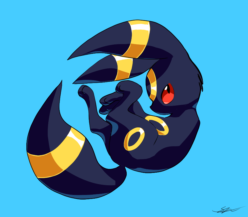 animal_focus curled_up from_side full_body likey looking_up no_humans pokemon pokemon_(creature) red_eyes signature simple_background solo umbreon