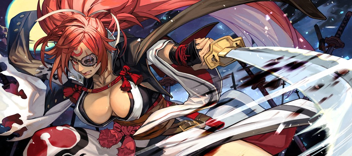 1girl baiken big_hair black_kimono breasts clenched_teeth cowboy_shot facial_tattoo guilty_gear guilty_gear_strive holding holding_sword holding_weapon hungry_clicker japanese_clothes katana kimono large_breasts long_hair multicolored_clothes multicolored_kimono official_art one_eye_closed pink_hair ponytail red_eyes scar scar_across_eye slashing solo sword tattoo teeth very_long_hair weapon white_kimono