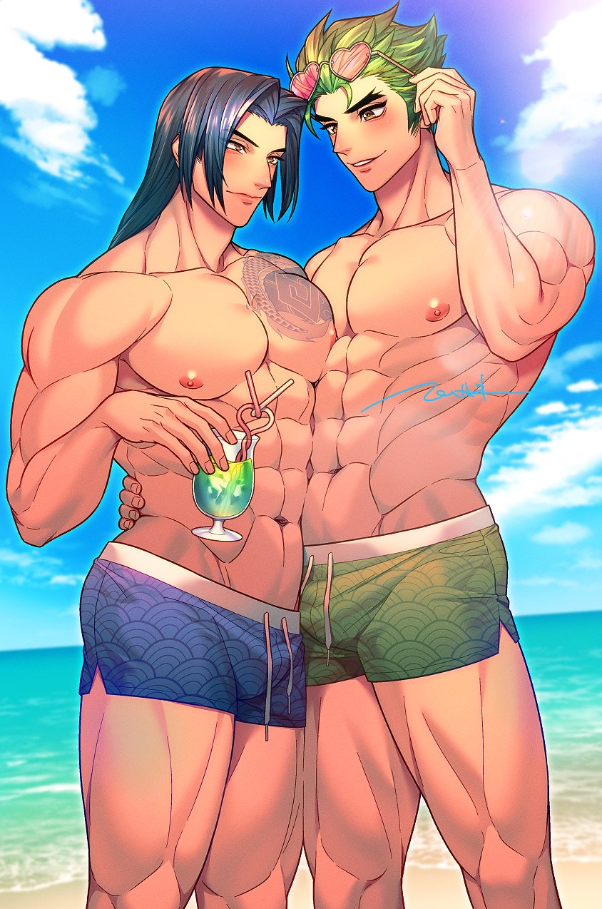 2boys abs bara beach black_hair blue_male_swimwear blush chest_tattoo cloud cup day eyewear_on_head genji_(overwatch) green_hair green_male_swimwear hanzo_(overwatch) heart heart-shaped_eyewear highres holding holding_cup large_pectorals long_hair looking_at_another male_focus male_swimwear multiple_boys muscular muscular_male navel nipples nkraae outdoors overwatch overwatch_2 pectorals short_hair sky smile sunglasses tattoo thighs