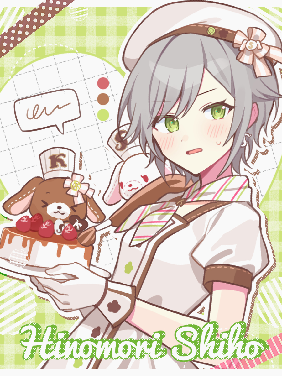 1girl apron beret blush cake character_name checkered_background chef_hat dress earrings food fruit gloves green_background green_eyes grey_hair hat highres hinomori_shiho holding holding_plate jewelry kurousa_(sugar_bunnies) neckerchief parted_lips pastry_bag plate project_sekai puffy_short_sleeves puffy_sleeves sanrio shirousa_(sugar_bunnies) short_hair short_sleeves speech_bubble strawberry upper_body waka_(wk4444) white_apron white_dress white_gloves white_headwear white_neckerchief