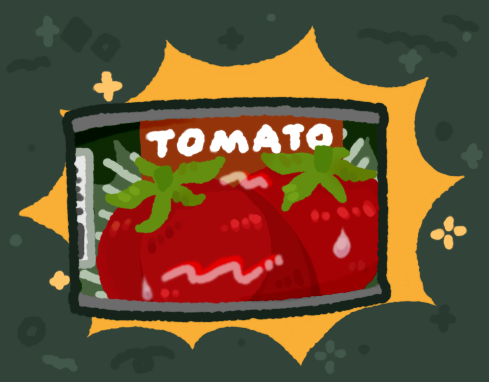 can canned_food chinese_commentary commentary_request english_text food_focus green_background hakurei_choumu kuuneru_engeizaa_(voiceroid) lowres no_humans sparkle tomato