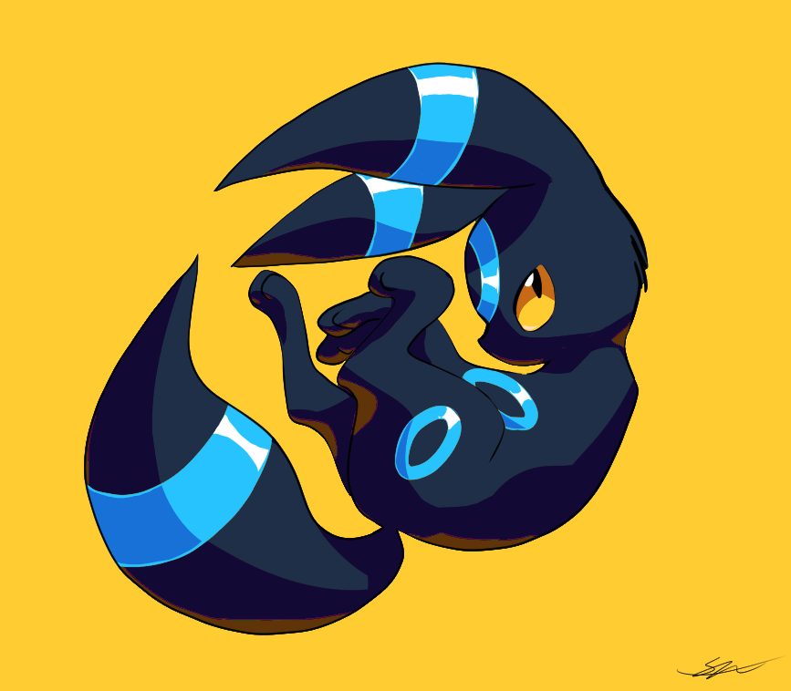 alternate_color animal_focus curled_up from_side full_body likey looking_up no_humans pokemon pokemon_(creature) shiny_pokemon signature simple_background solo umbreon yellow_background yellow_eyes