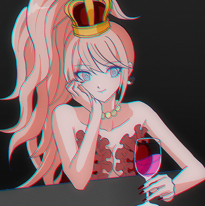 1girl alcohol bare_arms bare_shoulders bead_necklace beads breasts cleavage crown cup danganronpa:_trigger_happy_havoc danganronpa_(series) danganronpa_10th_anniversary_costume drinking_glass enoshima_junko jewelry long_hair medium_breasts necklace official_alternate_costume sinamolol upper_body wine wine_glass