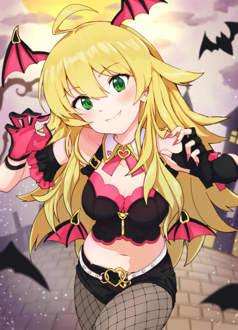 1girl ahoge armband bat_(animal) belt black_gloves black_shirt black_shorts blonde_hair blush breasts claw_pose cleavage cloud cloudy_sky commentary cowboy_shot crop_top detached_collar eyelashes fangs fingerless_gloves fishnet_pantyhose fishnets frilled_armband frills gloves green_eyes hair_between_eyes hands_up head_wings highres hoshii_miki idolmaster idolmaster_million_live! idolmaster_million_live!_theater_days long_hair looking_at_viewer medium_breasts midriff moon moonlight navel night outdoors pantyhose pink_nails pink_ribbon ribbon shinomiyabi shirt short_shorts shorts sidelocks single_fingerless_glove sky smile solo stone_floor thighs white_belt wings