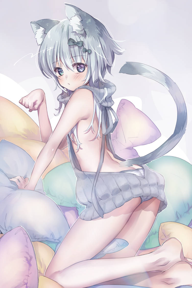 1girl animal_ear_fluff animal_ears ass backless_dress backless_outfit bare_arms bare_back bare_legs bare_shoulders barefoot blue_eyes blush bow cat_ears cat_girl cat_tail closed_mouth commentary_request dress ech green_bow grey_hair hair_between_eyes hair_bow long_hair looking_at_viewer looking_to_the_side meme_attire original panties pillow sleeveless sleeveless_turtleneck solo striped_clothes striped_panties sweater sweater_dress tail turtleneck turtleneck_sweater underwear virgin_killer_sweater white_panties