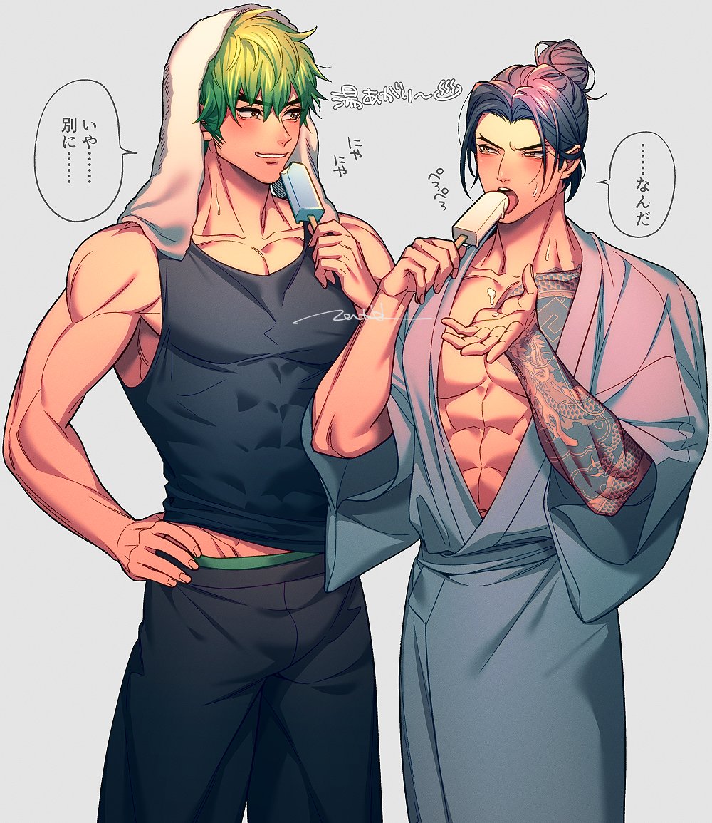 2boys arm_tattoo bara black_hair black_pants black_tank_top blush brothers chest_tattoo food genji_(overwatch) green_hair grey_kimono hair_bun hanzo_(overwatch) holding holding_food holding_popsicle japanese_clothes kimono large_pectorals looking_at_another male_focus multiple_boys muscular muscular_male nkraae open_mouth overwatch overwatch_2 pants pectorals popsicle short_hair siblings simple_background smile tank_top tattoo tongue tongue_out towel towel_on_head translation_request