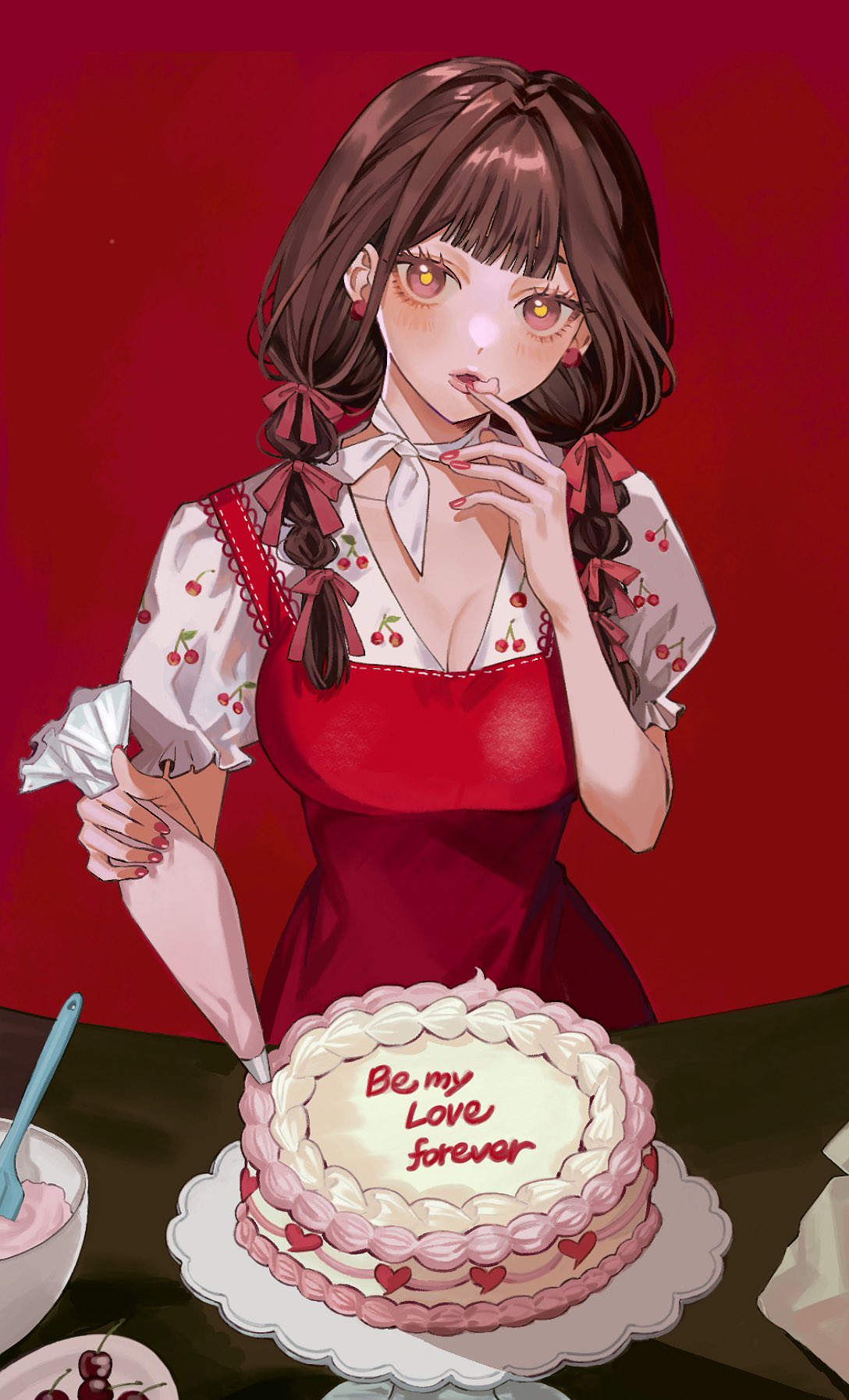 1girl baking blunt_bangs bow breasts brown_eyes brown_hair cake cake_stand cherry choker closed_mouth commentary cream dress earrings english_text eyelashes food fruit fruit_print hair_bow hair_intakes hair_over_shoulder hand_up highres holding holding_pastry_bag icing_spatula jewelry long_hair looking_at_viewer medium_breasts meu_oo mixing_bowl multi-tied_hair nail_polish original pastry_bag pinafore_dress pink_eyes plate print_shirt red_background red_bow red_dress red_nails red_theme shirt short_sleeves simple_background sleeveless sleeveless_dress solo symbol-only_commentary table tasting twintails upper_body v-neck white_shirt