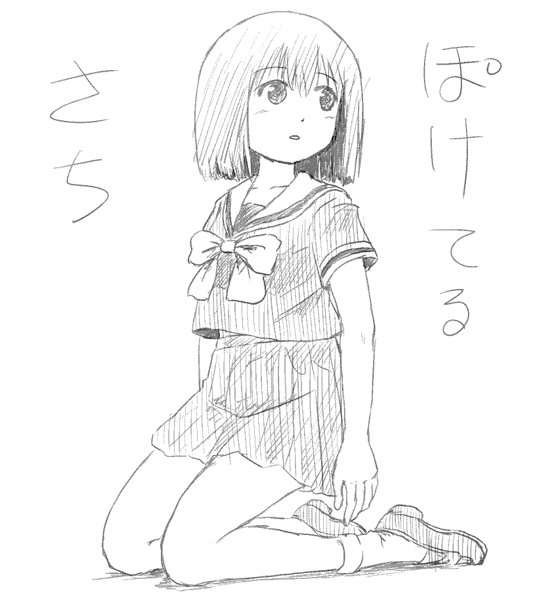 1girl blush bow full_body greyscale hair_between_eyes kneeling loafers looking_to_the_side monochrome original parted_lips pleated_skirt sailor_collar school_uniform serafuku shadow shirt shoes short_sleeves simple_background skirt socks solo takapi_(chimee_house) translation_request white_background