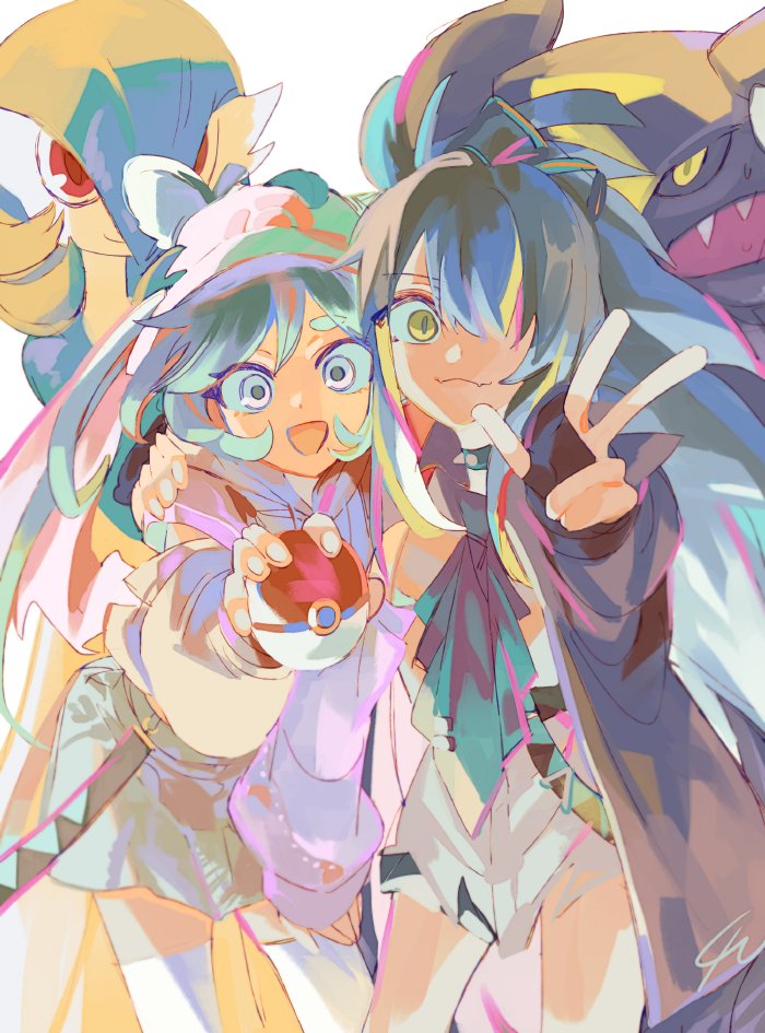 2girls aqua_hair blue_hair dragon fangs fingerless_gloves garchomp gardevoir gloves hair_over_one_eye hand_on_another's_shoulder hatsune_miku long_hair looking_at_viewer multiple_girls open_mouth poke_ball pokemon pokemon_(creature) project_voltage red_eyes senzzang thighhighs v vocaloid white_thighhighs yellow_eyes