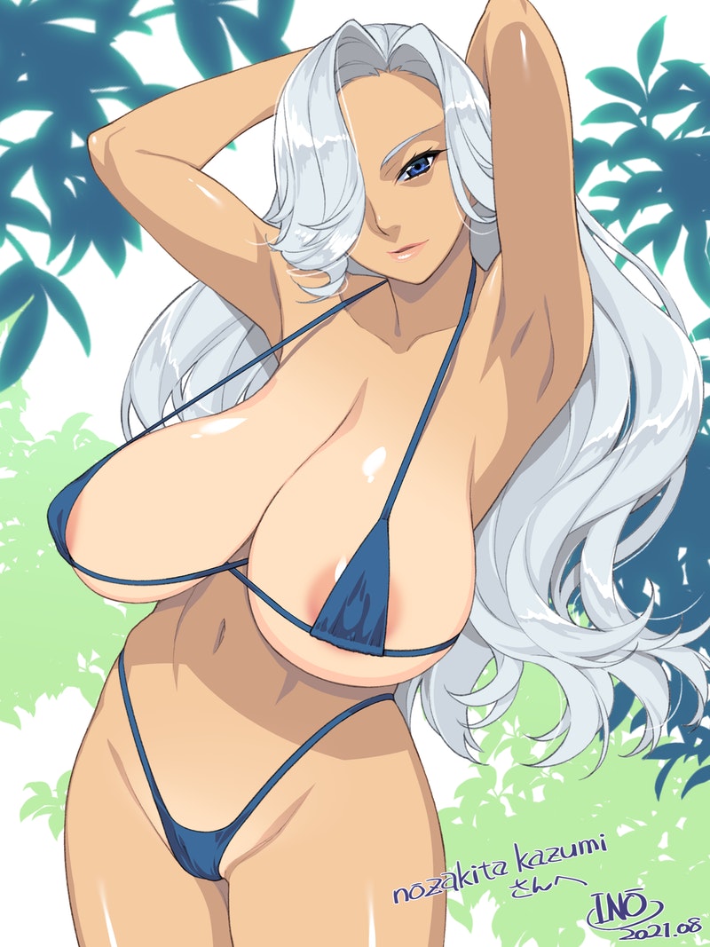 1girl areola_slip areolae armpits arms_behind_head arms_up bikini blue_bikini blue_eyes breasts collarbone commentary_request commission cowboy_shot dated hair_over_one_eye highleg highleg_bikini huge_breasts ino_(magloid) lips long_hair micro_bikini navel original parted_lips shiny shiny_hair signature skeb_commission solo standing stomach strap_gap swimsuit tan thighs very_long_hair white_hair