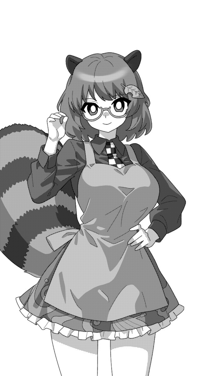 1girl adapted_costume animal_ears apron closed_mouth commentary_request frilled_skirt frills futatsuiwa_mamizou greyscale hair_ornament highres leaf_hair_ornament looking_at_viewer monochrome onkn_sxkn raccoon_ears raccoon_tail semi-rimless_eyewear short_hair simple_background skirt smile solo tail touhou under-rim_eyewear