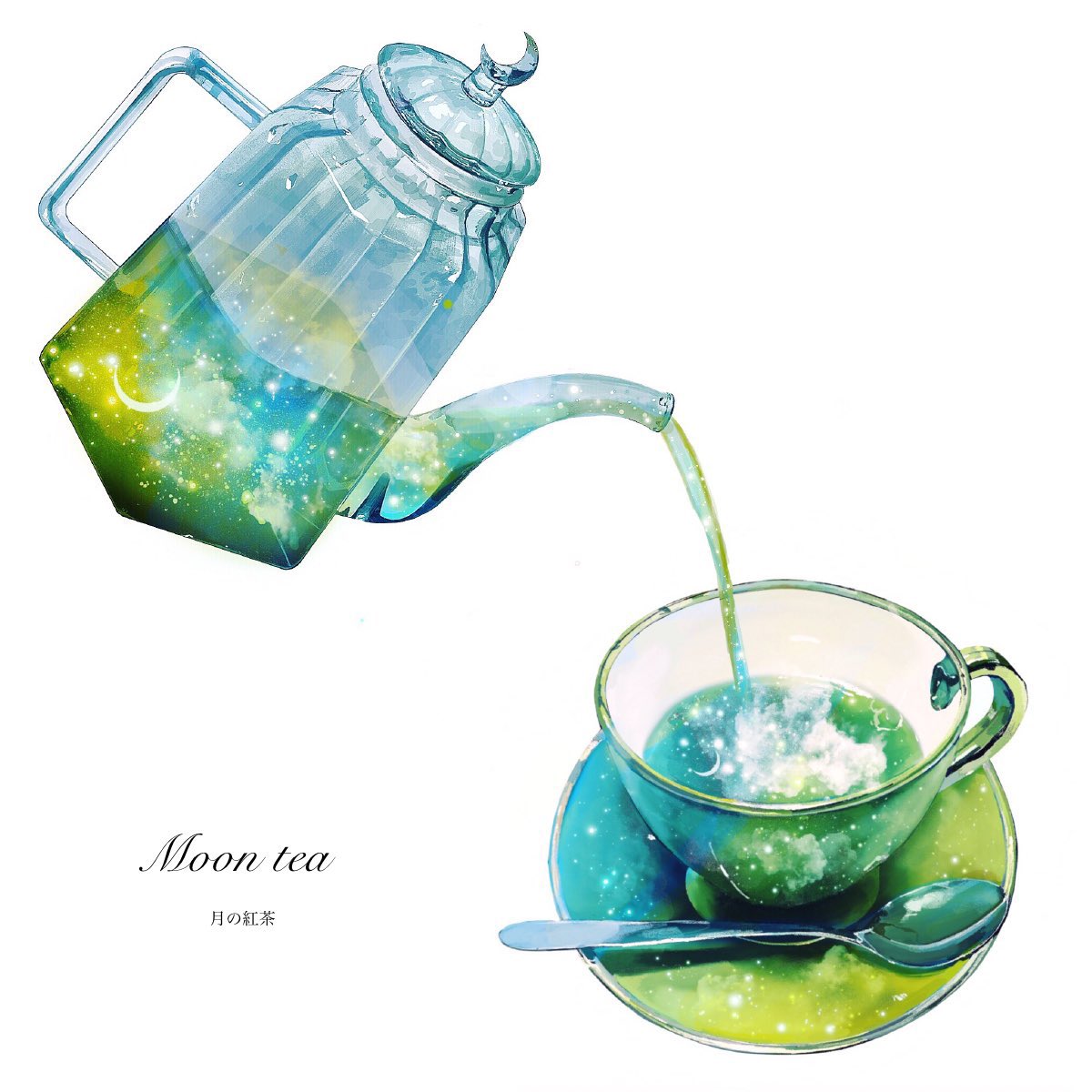 artist_name crescent_moon cup english_text food food_focus highres moon no_humans original pouring saucer simple_background sky spoon star_(sky) still_life tea teacup teapot white_background yasuta_kaii32i