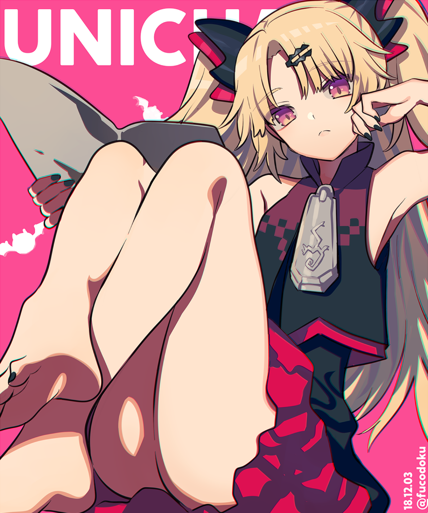 1girl akatsuki_uni bare_shoulders barefoot bat_(animal) black_dress black_nails black_vest blonde_hair book chromatic_aberration closed_mouth crossed_ankles curtained_hair dated dress expressionless foot_out_of_frame frown fucodoku gradient_eyes hair_ornament hand_up head_tilt high_collar holding holding_book knees_up long_hair looking_at_viewer multicolored_eyes pink_background purple_eyes short_dress sitting sleeveless sleeveless_dress solo twitter_username two_side_up uni_create vest virtual_youtuber zipper_pull_tab