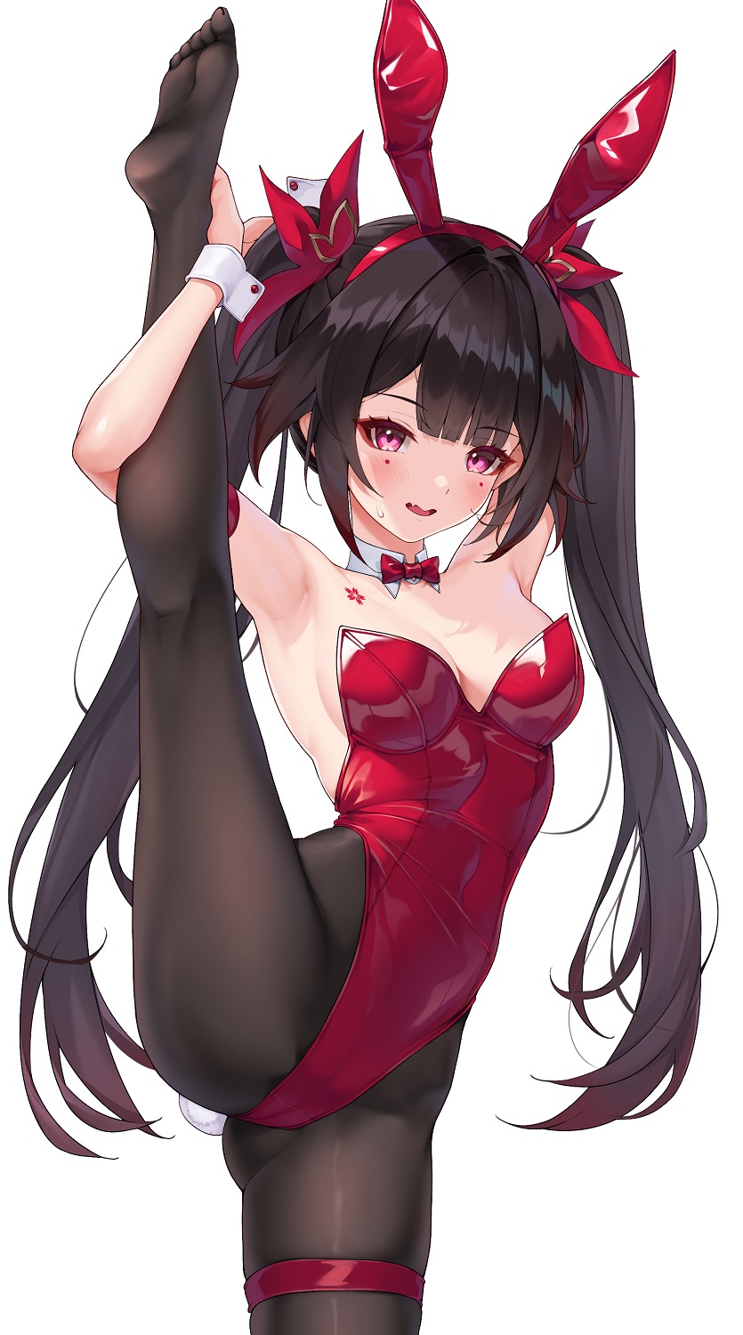 1girl :d alternate_costume animal_ears armpits arms_up black_hair black_pantyhose blunt_bangs bow bowtie breasts chest_tattoo cleavage commentary_request covered_navel detached_collar facial_mark fake_animal_ears hairband highres honkai:_star_rail honkai_(series) kneepits leg_up leotard long_hair looking_at_viewer matrix16 medium_breasts pantyhose pink_eyes playboy_bunny rabbit_ears red_bow red_bowtie red_hairband red_leotard simple_background smile soles solo sparkle_(honkai:_star_rail) standing standing_on_one_leg strapless strapless_leotard tattoo thigh_strap thighs twintails very_long_hair white_background wrist_cuffs