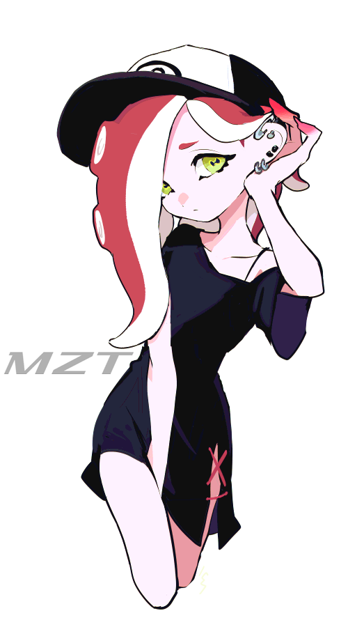 1girl :&lt; baseball_cap between_legs black_dress bra_strap cephalopod_eyes closed_mouth cropped_legs dedf1sh dress ear_piercing earrings green_eyes hair_over_one_eye hand_between_legs hand_on_own_ear hat horizontal_pupils imaikuy0 jewelry long_hair multiple_earrings octoling pale_skin piercing red_hair safety_pin safety_pin_piercing side_slit solo splatoon_(series) splatoon_3 splatoon_3:_side_order suction_cups tentacle_hair white_background