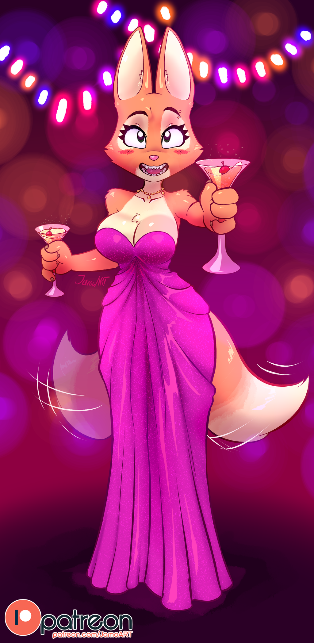 2022 anthro artist_name bare_shoulders beverage big_breasts blush breasts canid canine cherry chest_tuft clothing diane_foxington dreamworks dress evening_gown eyebrow_piercing facial_piercing female food fox fruit fur hi_res holding_glass holding_object inner_ear_fluff jamoart jewelry looking_at_viewer mammal multicolored_body multicolored_fur necklace offering_to_viewer open_mouth open_smile patreon piercing pink_nose plant red_body red_fur sharp_teeth smile solo standing tail_motion tailwag tan_body tan_fur teeth text the_bad_guys tuft two_tone_body two_tone_fur url