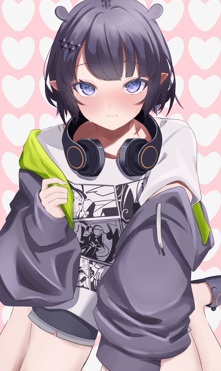 adjusting_clothes animal_slippers atab16_h between_legs black_footwear black_shorts blush closed_mouth commentary drawstring green_hoodie grey_hoodie hair_ornament hairclip hand_between_legs headphones headphones_around_neck heart heart_background highres hololive hololive_english hood hood_down hoodie light_blush long_sleeves looking_at_viewer loose_hair_strand ninomae_ina'nis ninomae_ina'nis_(5th_costume) nose_blush on_ground open_clothes open_hoodie pink_background pointy_ears purple_eyes purple_hair raised_eyebrows shirt short_hair short_shorts short_sleeves shorts sitting slippers symbol-only_commentary t-shirt two-tone_hoodie wariza white_shirt