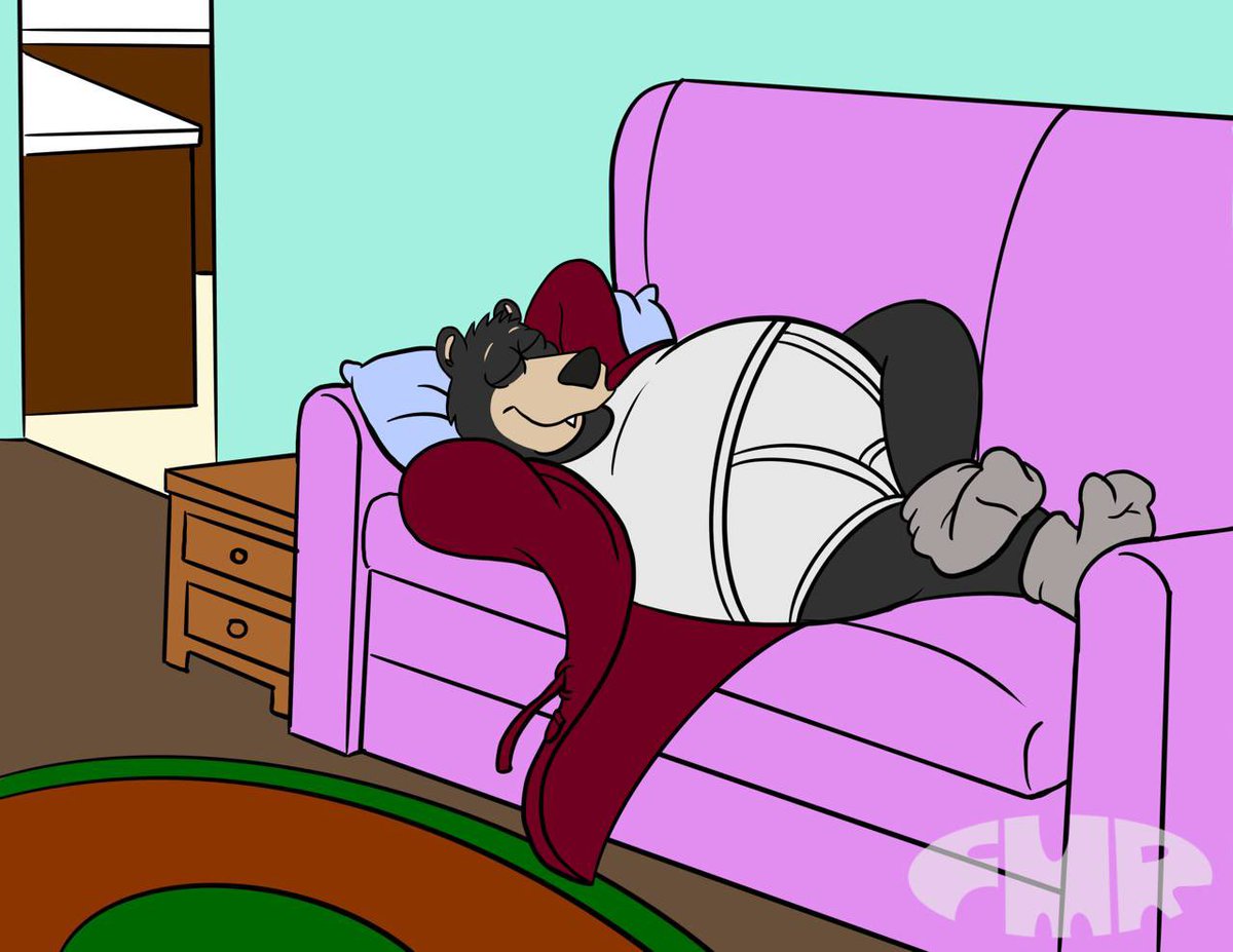 anthro bear black_body black_fur black_nose briefs clothed clothing countertop dom_(foxmanad) drawers eyes_closed footwear foxmanad fur furniture grey_clothing grey_footwear grey_socks hands_behind_back inside lying male mammal pantsless pantsless_male pillow purple_sofa red_clothing red_robe robe rug shirt sleeping socks sofa solo teal_walls teeth_showing tighty_whities toony topwear underwear white_briefs white_clothing white_shirt white_topwear white_underwear