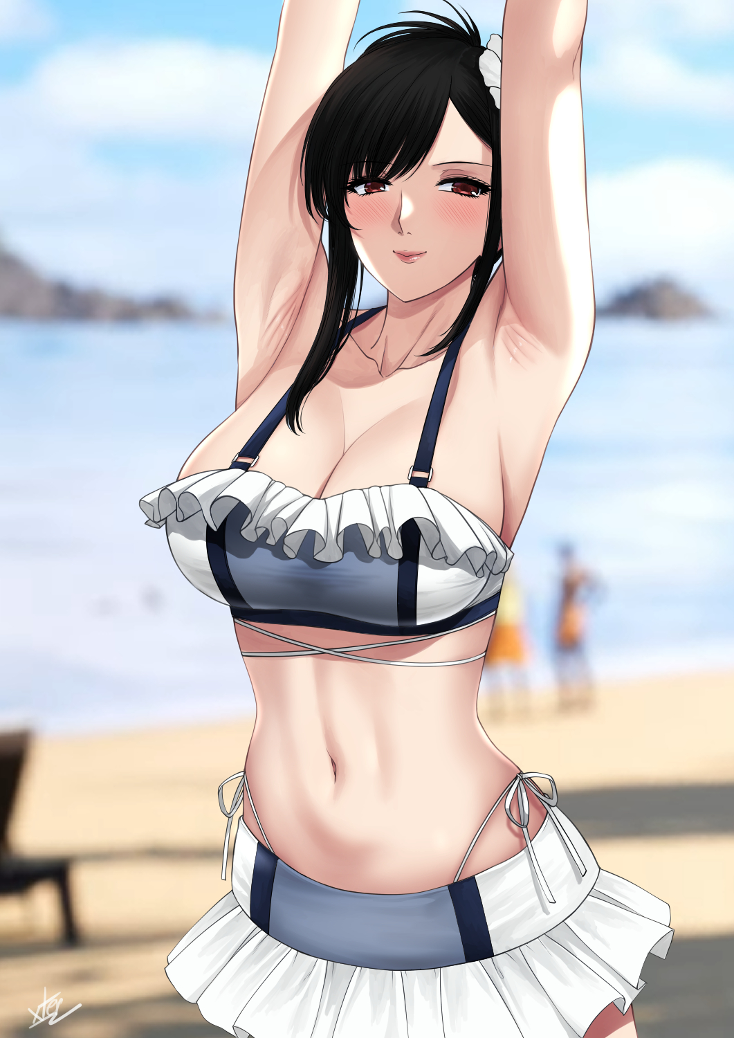 armpits arms_up beach bikini bikini_skirt blurry blurry_background breasts cleavage final_fantasy final_fantasy_vii final_fantasy_vii_rebirth final_fantasy_vii_remake flower frilled_bikini frills hair_flower hair_ornament highres large_breasts looking_at_viewer microskirt official_alternate_costume official_alternate_hairstyle skirt smile swimsuit thong_bikini tifa_lockhart tifa_lockhart_(shining_spirit) xter