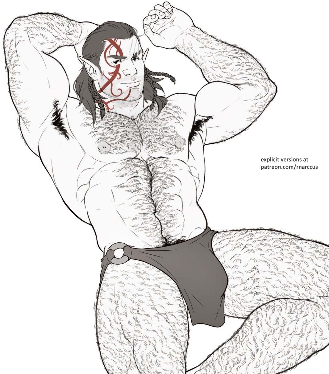 1boy abs armpit_hair baldur's_gate baldur's_gate_3 bara bulge dungeons_and_dragons elf feet_out_of_frame greyscale hairy halsin highres large_pectorals looking_at_viewer lying male_focus marcus_(rnarccus) mature_male medium_hair monochrome muscular muscular_male navel navel_hair nipple_hair nipples on_back paid_reward_available pectorals pointy_ears smile solo stomach thick_chest_hair thick_eyebrows thick_leg_hair thick_navel_hair thick_thighs thighs topless_male very_hairy