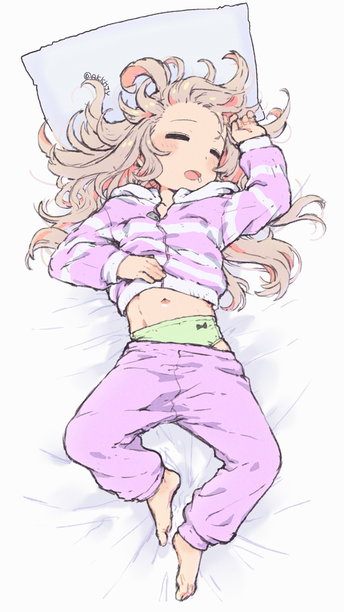 1girl arm_up artist_name barefoot bed_sheet blush closed_eyes clothes_lift clothes_pull commentary_request feet forehead full_body green_panties grey_hair highres hood hoodie hoodie_lift long_hair long_sleeves lying matado_(almukha) messy_hair multicolored_hair navel on_back on_bed onii-chan_wa_oshimai! open_mouth oyama_mahiro pajamas pajamas_lift pajamas_pull panties pants pants_pull pillow pink_hair purple_hoodie purple_pajamas purple_pants saliva_drip sleeping solo stomach streaked_hair striped_clothes striped_hoodie underwear zipper