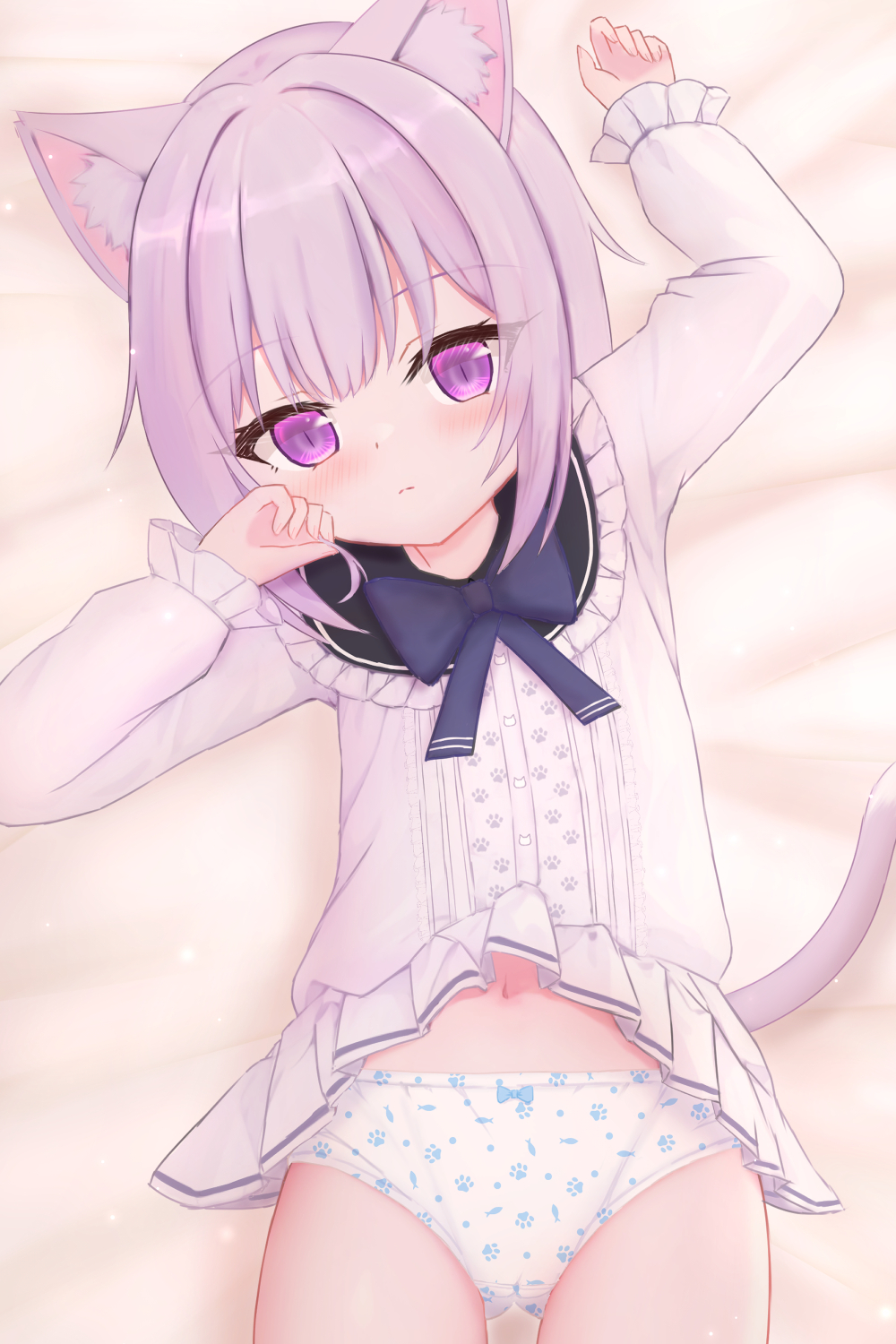 1girl animal_ears ass_visible_through_thighs bed_sheet black_bow black_bowtie blush bow bow_panties bowtie cat_ears cat_girl cat_tail closed_mouth clothes_lift commentary cowboy_shot crotch_seam from_above grey_hair highres light_frown long_sleeves looking_at_viewer lying miniskirt on_back original panties pleated_skirt print_panties purple_eyes shirt shooko short_hair skirt skirt_lift slit_pupils solo tail underwear white_panties white_shirt white_skirt